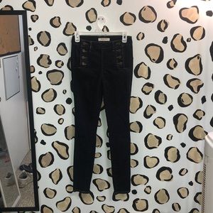 Doublebreasted highwaisted dark wash skinny jeans